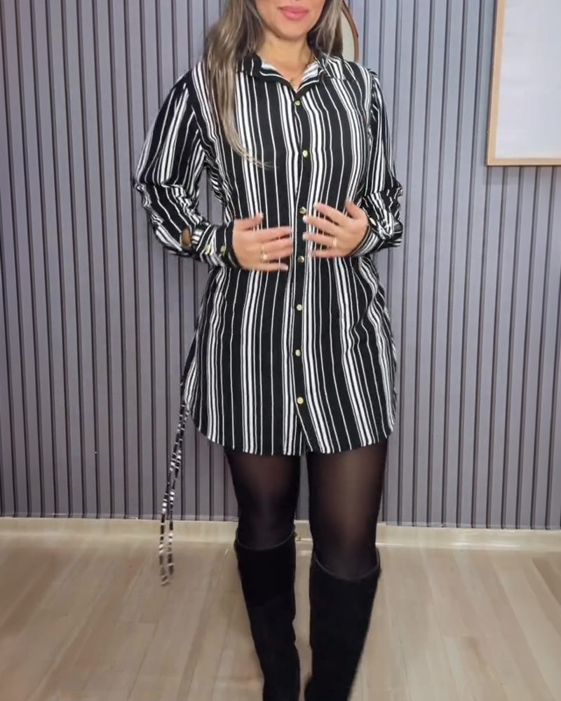 Women's Striped Shirt Dress Button Down Long Sleeve Shirred Waist Casual Dress - Image 11