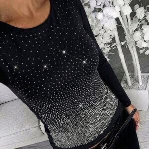 Women's Rhinestone Long Sleeve Top Slim Fit Round Neck Casual Pullover