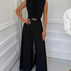 Women's Cowl Neck Wide Leg Jumpsuit High Waist Sleeveless Chiffon Overlay Spliced Evening Overalls with Belt