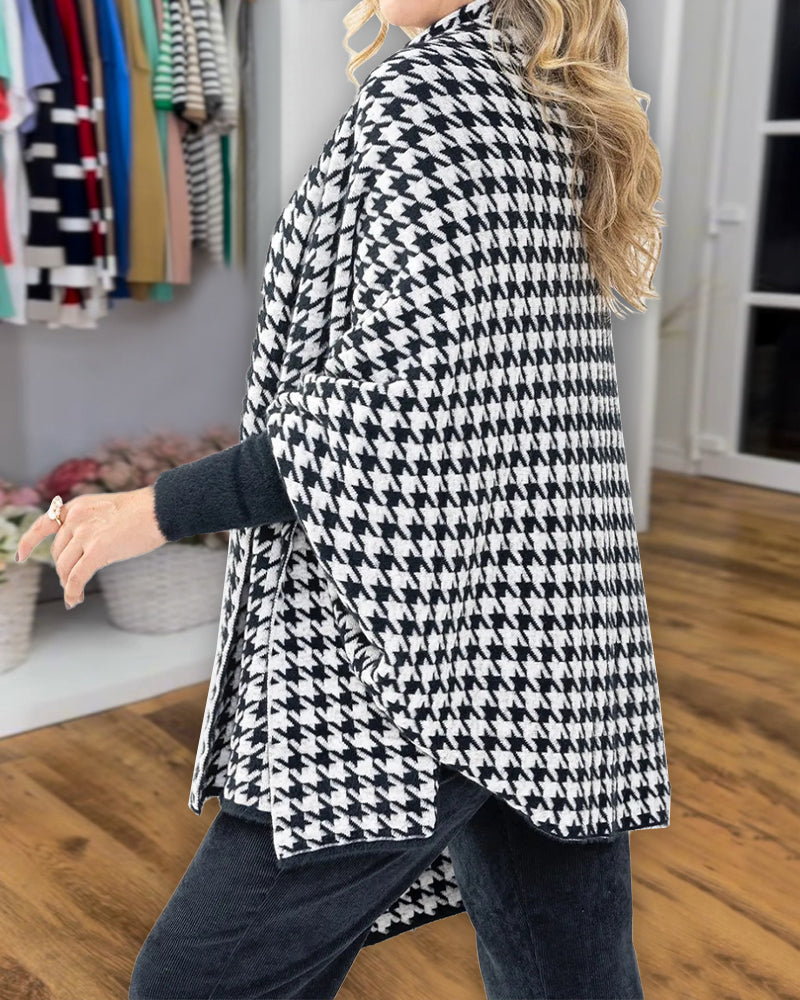 Houndstooth Print Versatile Loose Fit Sweater Coat Casual Warm Cape Shawl - Image 2