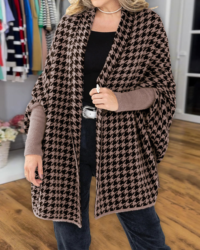 Houndstooth Print Versatile Loose Fit Sweater Coat Casual Warm Cape Shawl - Image 6