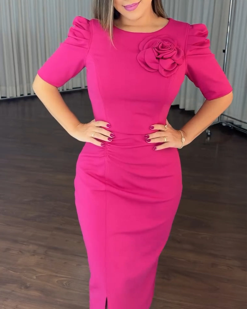 3D Flower Decor Round Neck Puff Sleeve Bodycon Dress Casual Ruched Slit Zipper Back Work Dress - Image 3