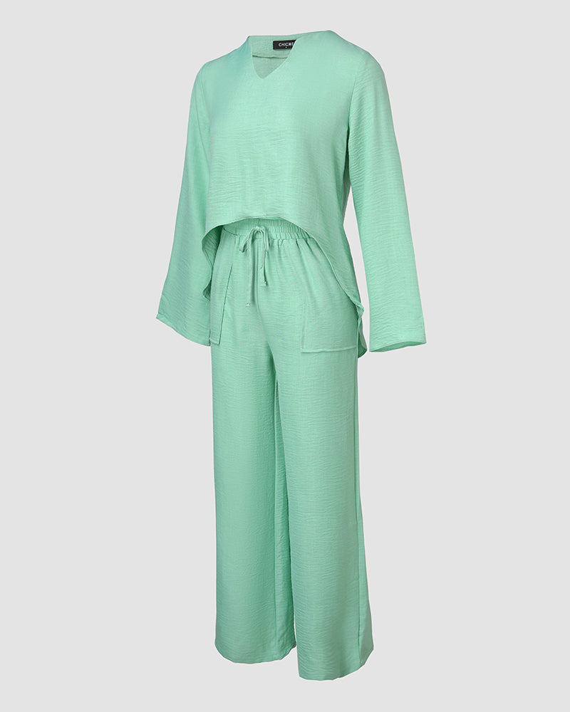 2 Piece Notch Neck Long Sleeve Asymmetrical Hem Tops Stretchy Waist Straight Leg Pants Lounge Sets Tracksuit - Image 11