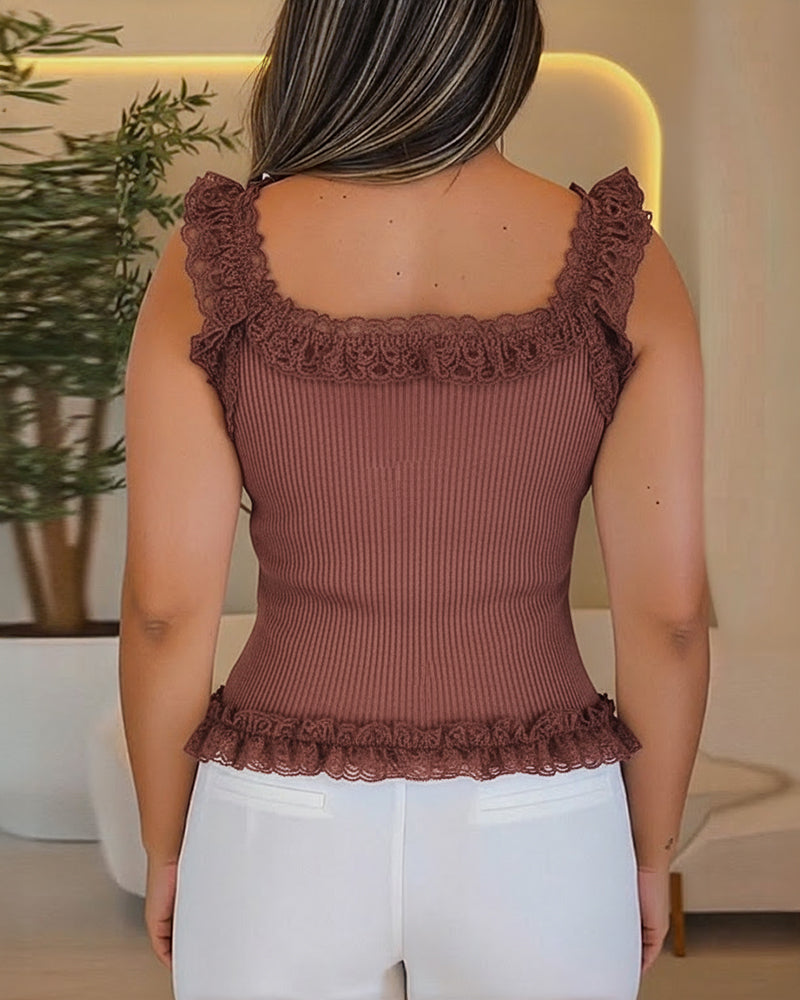 Contrast Lace Sleeveless Square Neck Crop Tank Casual Frill Hem Metal Button Decor Ribbed Knit Top - Image 10