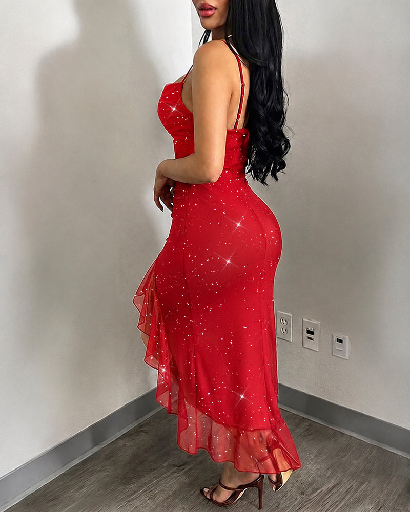 Women's Glitter Mesh Cami Dress Cowl Neck Slit Mermaid Dress Backless Ruffle Hem Party Dress with Built-In Bra - Image 4