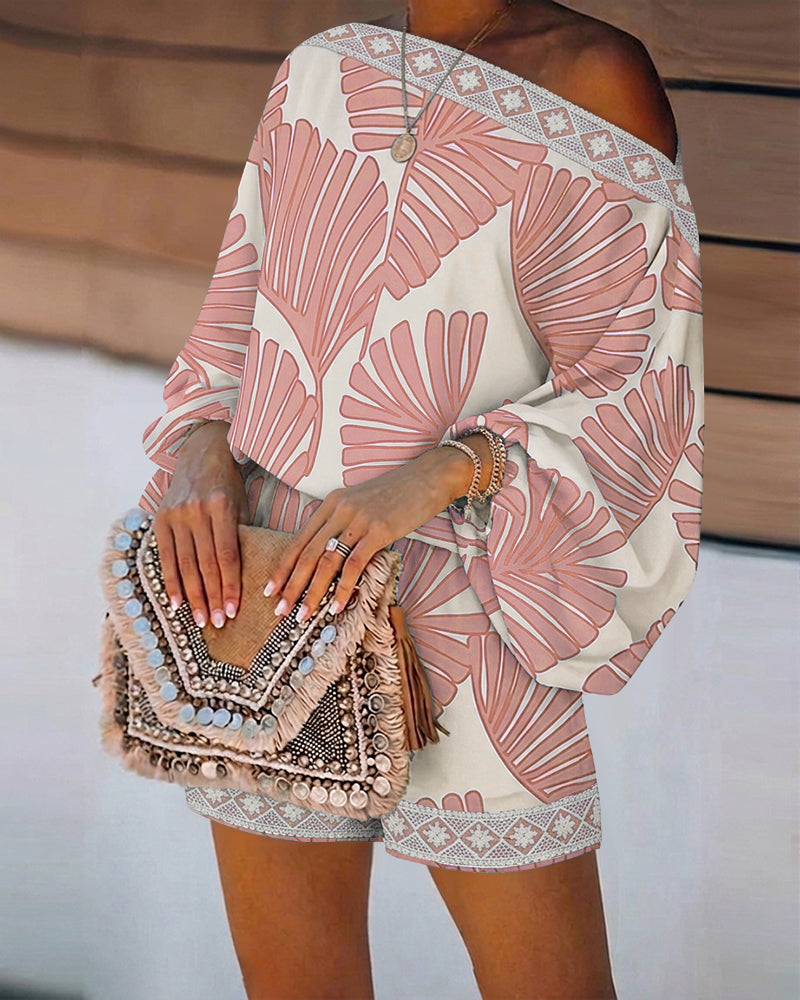 Women's Tropical Leaf Print 2 Piece Set Skew Neck Lantern Sleeve Top and Elastic Waist Shorts with Pockets & Lace - Image 6