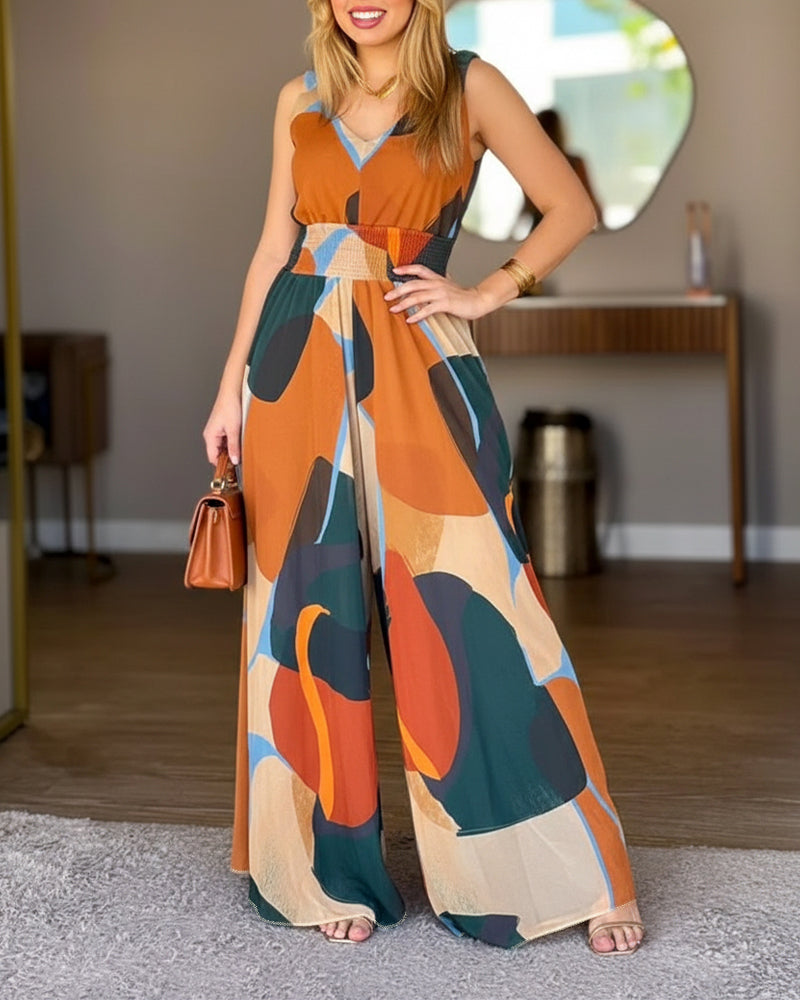 Abstract Print V-Neck Stretchy Thick Straps High Waist Backless Overalls Casual Shirred Waist Cinched Waist Wide Leg Jumpsuit - Image 5