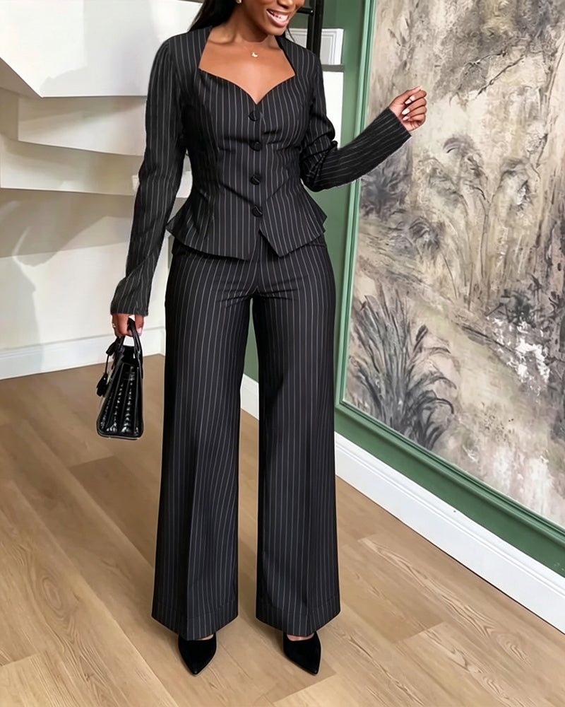 Women's 2 Piece Stripe Suit Elegant Sweetheart Neck Peplum Blazer and High Waisted Wide Leg Pants Business Outfits - Image 5