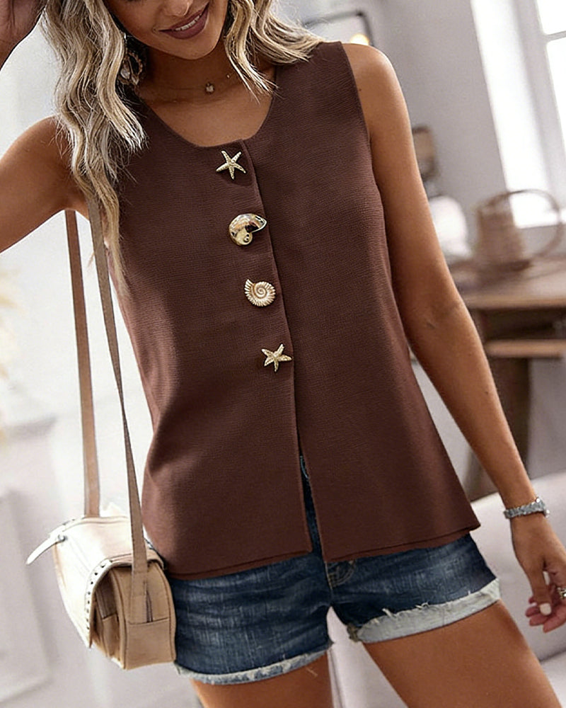 Women's Knit Tank Top Starfish Shell Gold Button Sleeveless Vest Beach Vacation Casual Top - Image 4