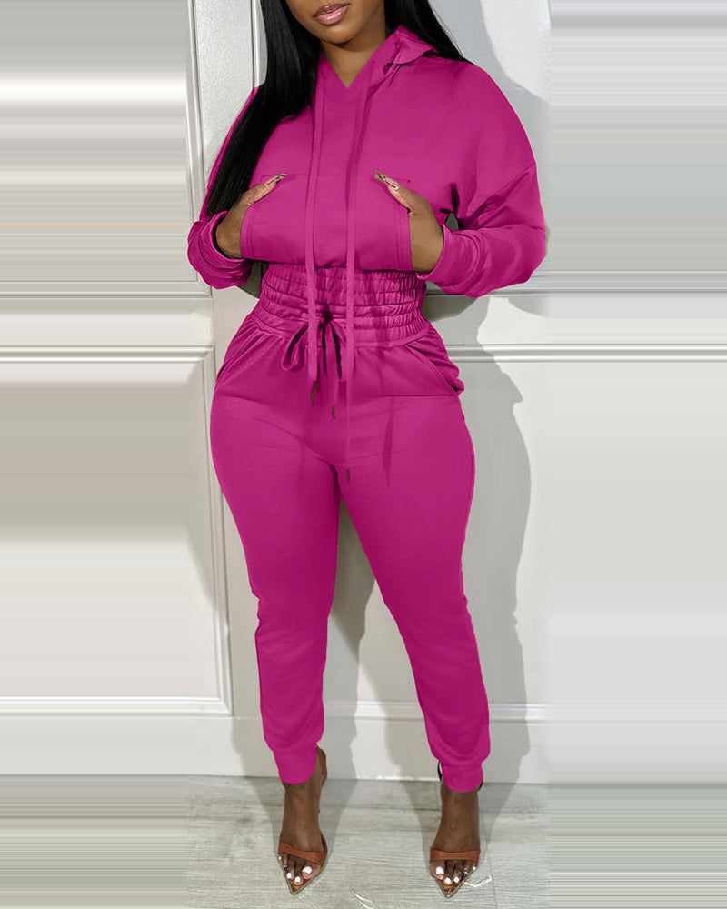 2 Pieces Outfit Drop Shoulder Kangaroo Pocket Stretchy Hem Crop Drawstring Hoodie Sweatshirt And Drawstring Elastic Waist Jogger Sweatpants Casual Tracksuit - Image 7