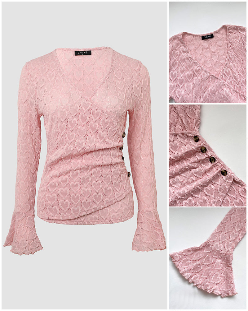 Women's Heart Jacquard Overlap V Neck Top Flare Long Sleeve Side Button Ruched Blouse Slim Fit Wrap Top - Image 6