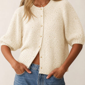 Women's Boucle Knit Cardigan Gold Beaded Puff Sleeve Sweater Crewneck Button Up Elegant Crop Outerwear