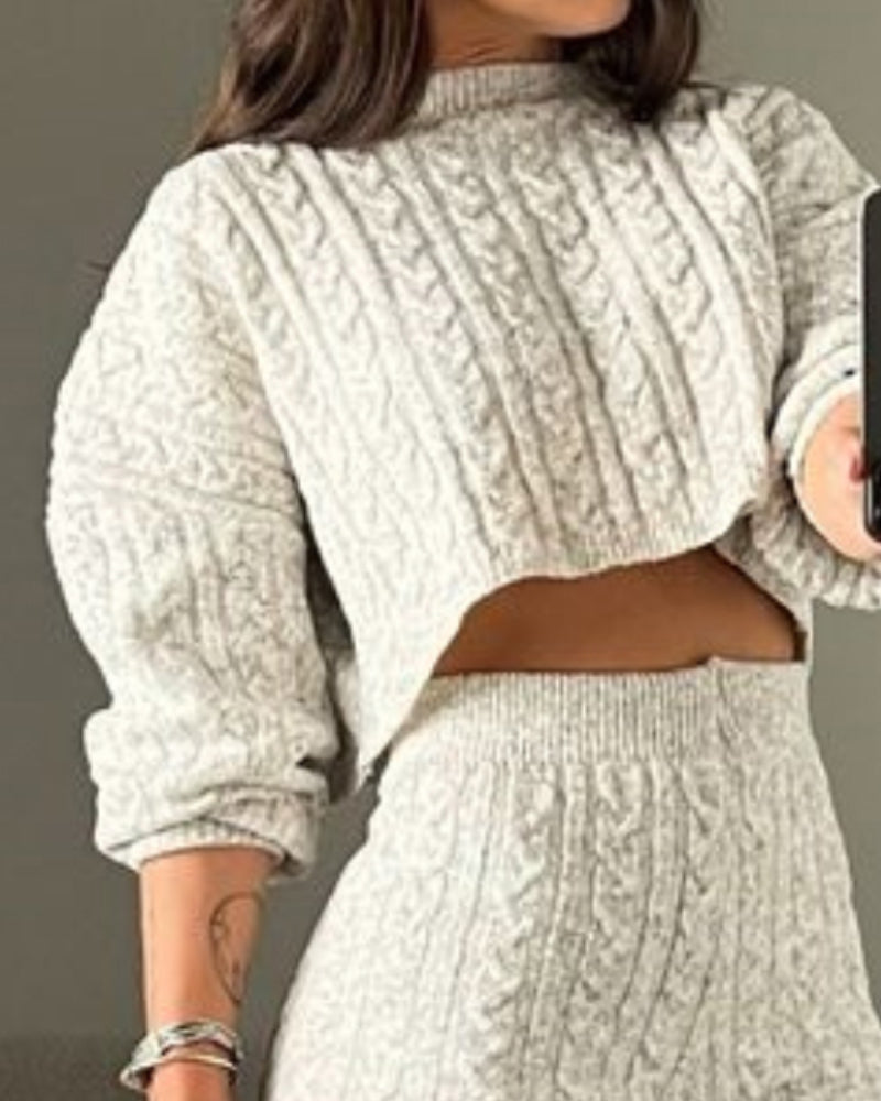 2 Piece Crewneck Long Sleeve Cable Knit Crop Sweater High Waist Shorts Tracksuits Outfits - Image 12