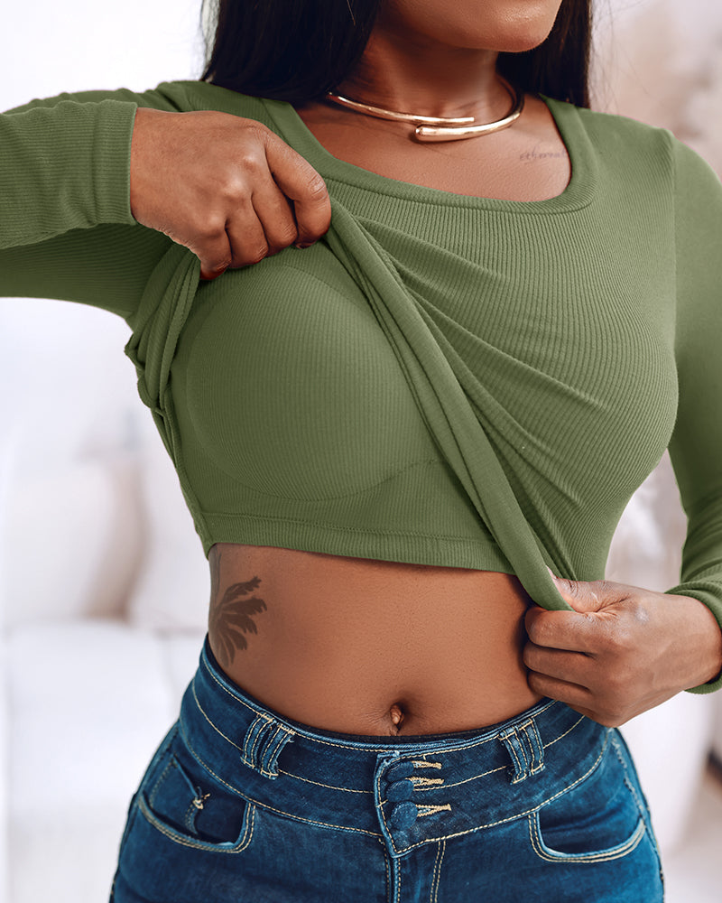 Built In Bra U Neck Tee High Stretchy Knit T-Shirt Long Sleeve Top - Image 15