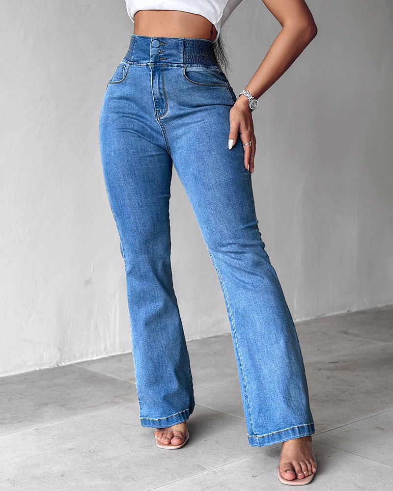 ChicMe CurveEase Back Shirred Button Front High Waist Jeans Skinny Flared Denim Jeggings - Image 3