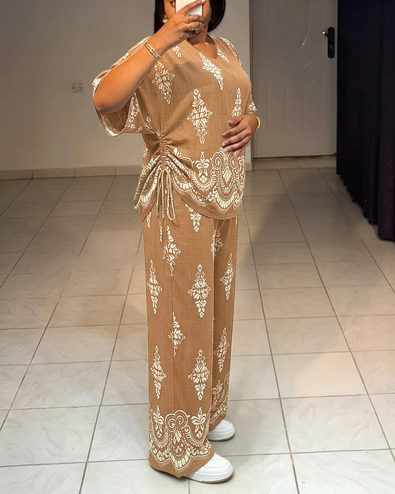 Women's Vintage Print 2 Piece Outfits V Neck Drawstring Ruched Top and Wide Leg Pants Set Casual Loose Loungewear - Image 4