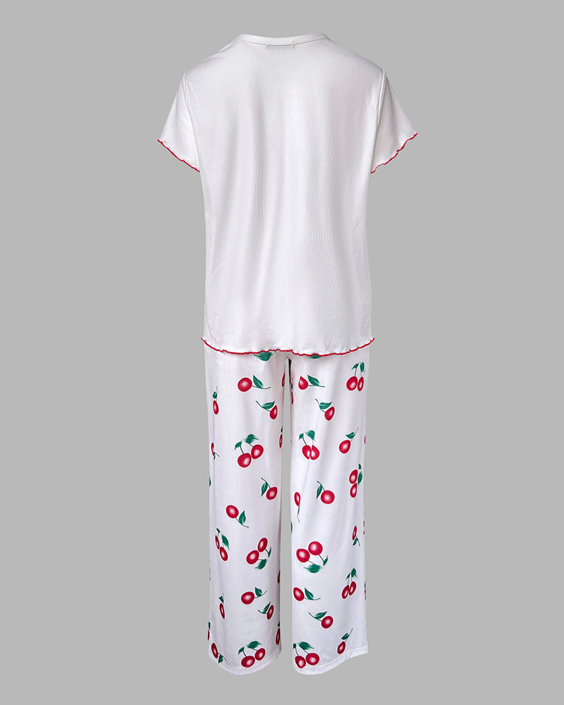 2 Pieces Outfit Letter & cherry Print Short Sleeve Frill Trim Top and Elastic Waist Pants Set Casual Ribbed Pajamas Set - Image 5