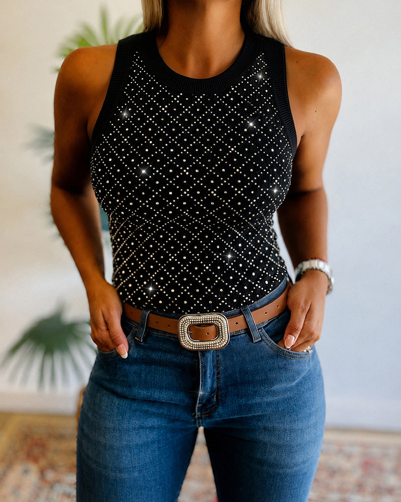 Women's Rhinestone Argyle Pattern Ribbed Tank Top Slim Fit Top - Image 3