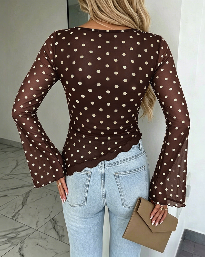Women's Polka Dot Mesh Top Flare Long Sleeve Boat Neck Lined Asymmetric Frill Hem Blouse Vintage Party Shirt - Image 16