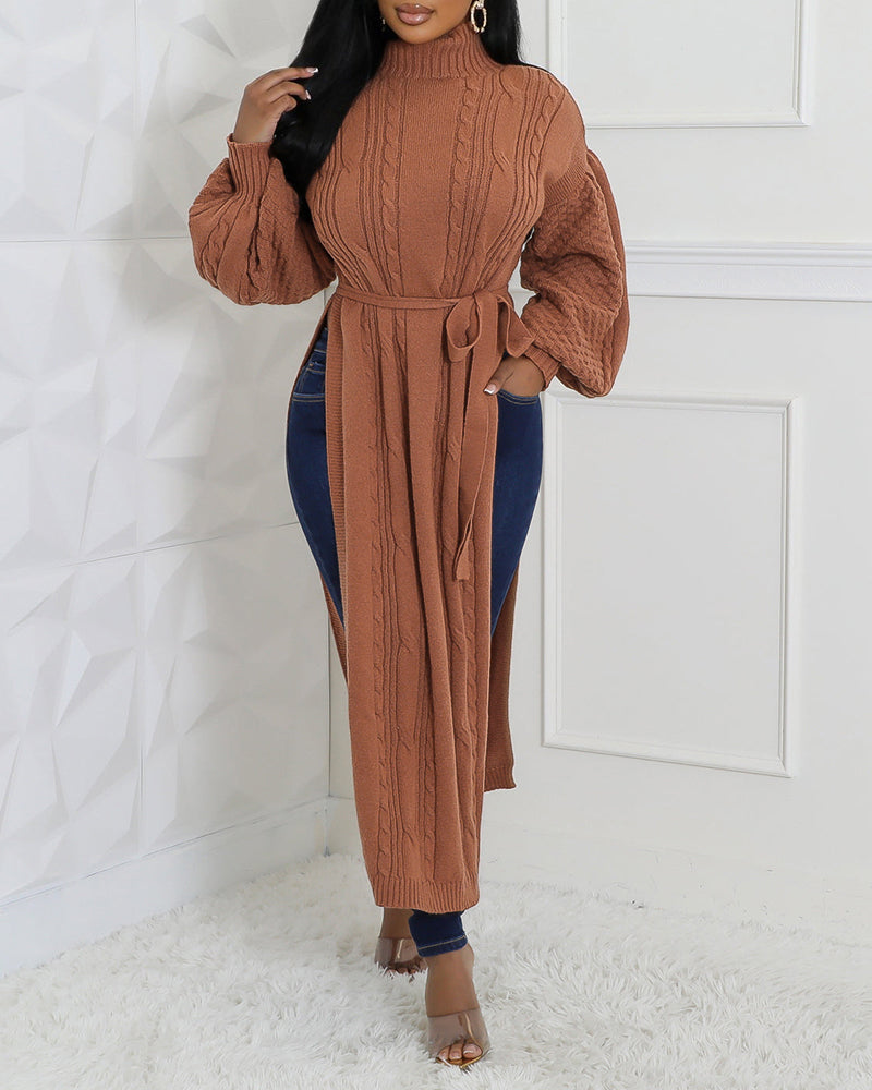 Cable Textured High Neck Lantern Sleeve Bow Tie Waist Sweater Casual High Slit Knit Longline Top - Image 7