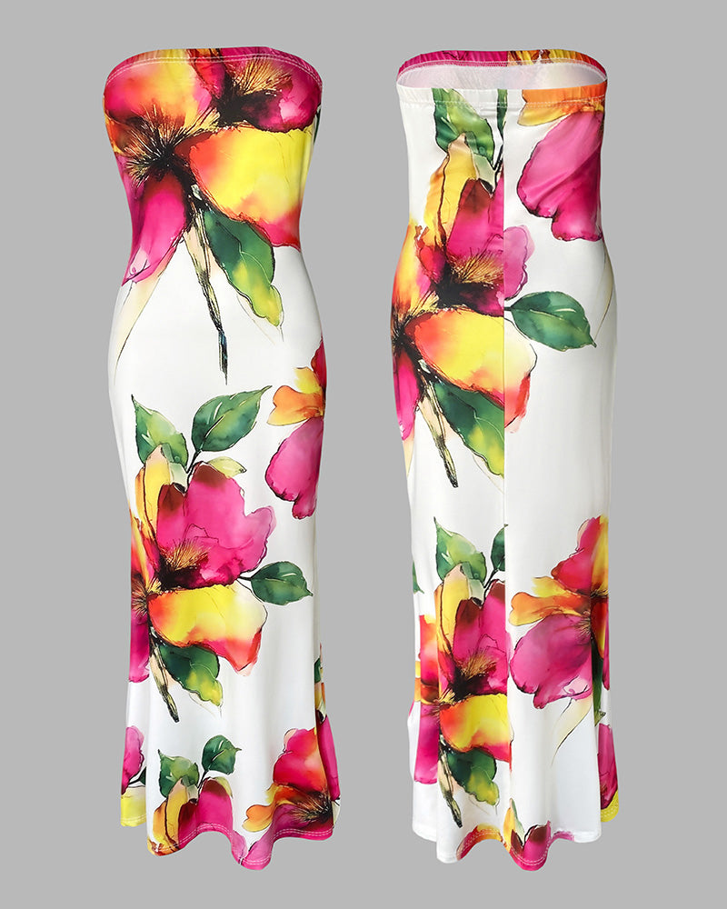 Watercolor Floral Print Slim Fit Stretchy Maxi Dress Chic Tube Dress - Image 6