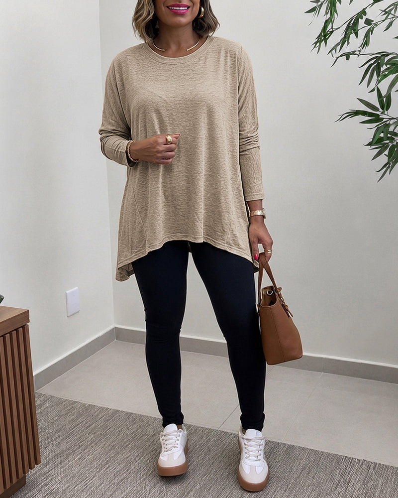 Women's Asymmetric Hem Long Sleeve Top Loose Fit Dropped Shoulder Crewneck Soft Slouchy Casual Tee - Image 16
