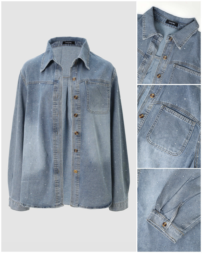 Women's Rhinestone Denim Jacket Washed Button-Down Shacket Sparkling Loose Fit Long Sleeve Casual Outerwear - Image 6