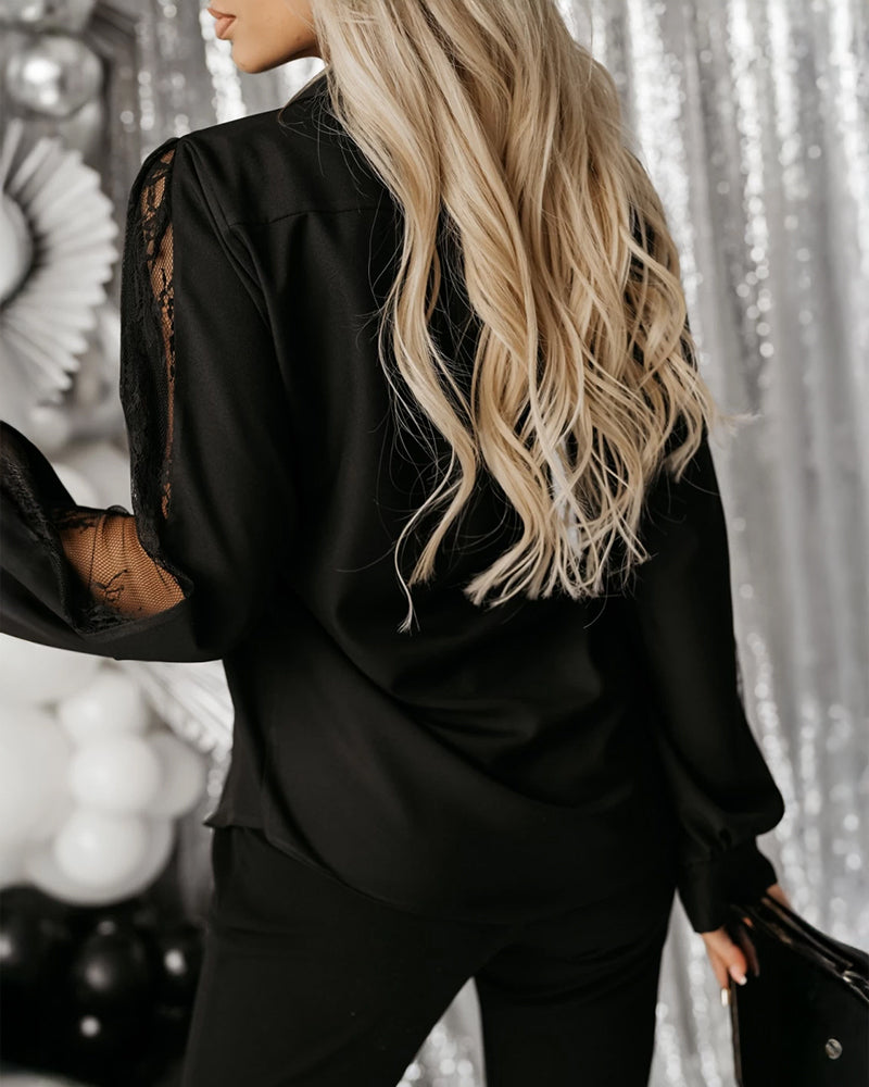 Turn-down Collar Lace Spliced Long Sleeve Button Front Shirt Casual Commuting Top - Image 2