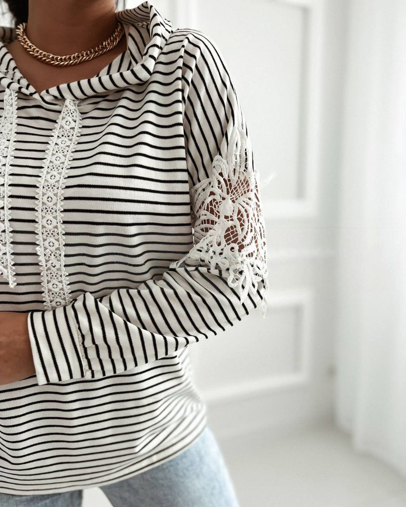Striped Contrast Floral Lace Patchwork Long Sleeve Pullover Casual Lace Drawstring Hoodie Sweatshirt - Image 4