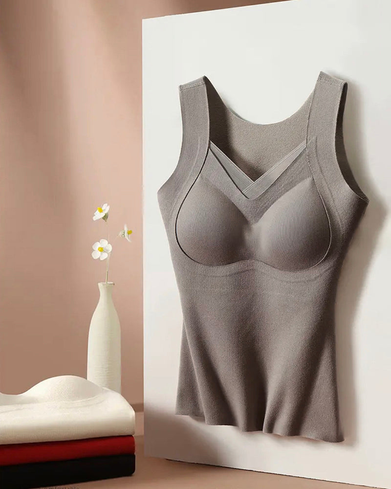 Sheer Mesh Spliced V Neck Sleeveless Built In Bra Tank Casual Warm Fleece Lined Slim Fit Top - Image 7