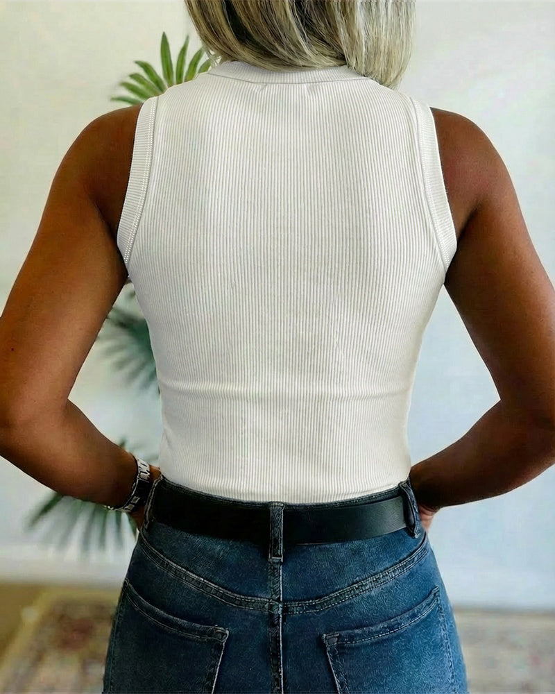 Rhinestone Decor O-neck Sleeveless Knit Tee Slim Fit Tank Top - Image 2