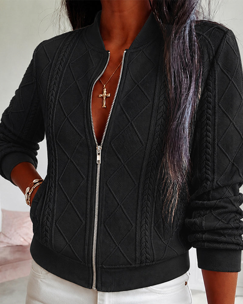 Women's Vintage Cable Knit Bomber Jacket Casual Argyle Zip Up Crop Coat with Pockets - Image 9