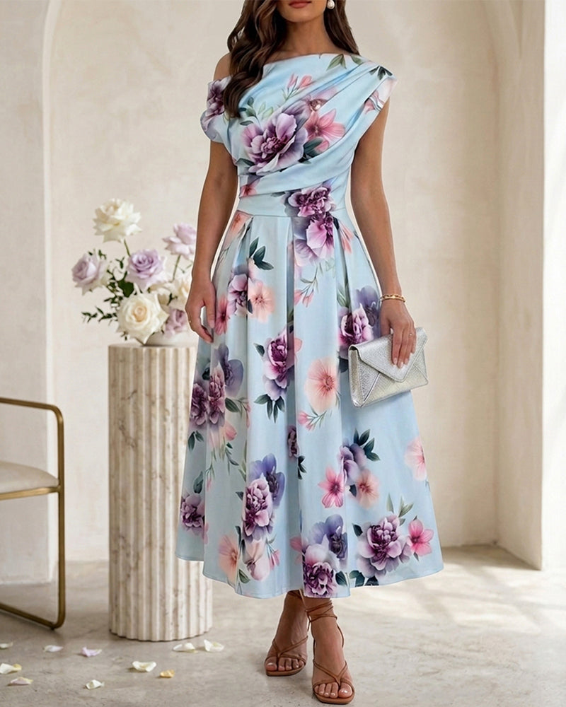 Women's Skew Neck Midi Dress Elegant Ruched Floral A-Line Dress High Waisted Vacation Dress with Pockets - Image 7