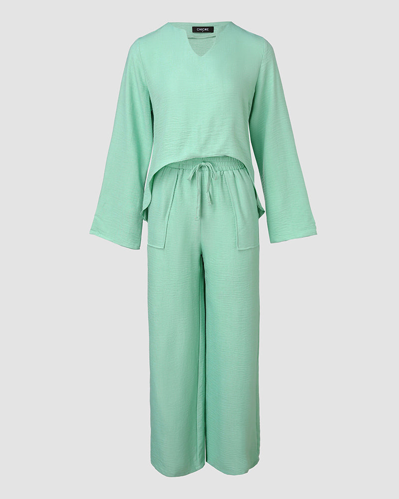 2 Piece Notch Neck Long Sleeve Asymmetrical Hem Tops Stretchy Waist Straight Leg Pants Lounge Sets Tracksuit - Image 10