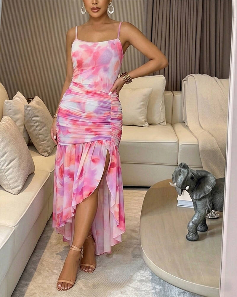 Women's Tie Dye Mesh Cami Dress Square Neck Asymmetric Ruffle Hem Slit Maxi Dress - Image 5
