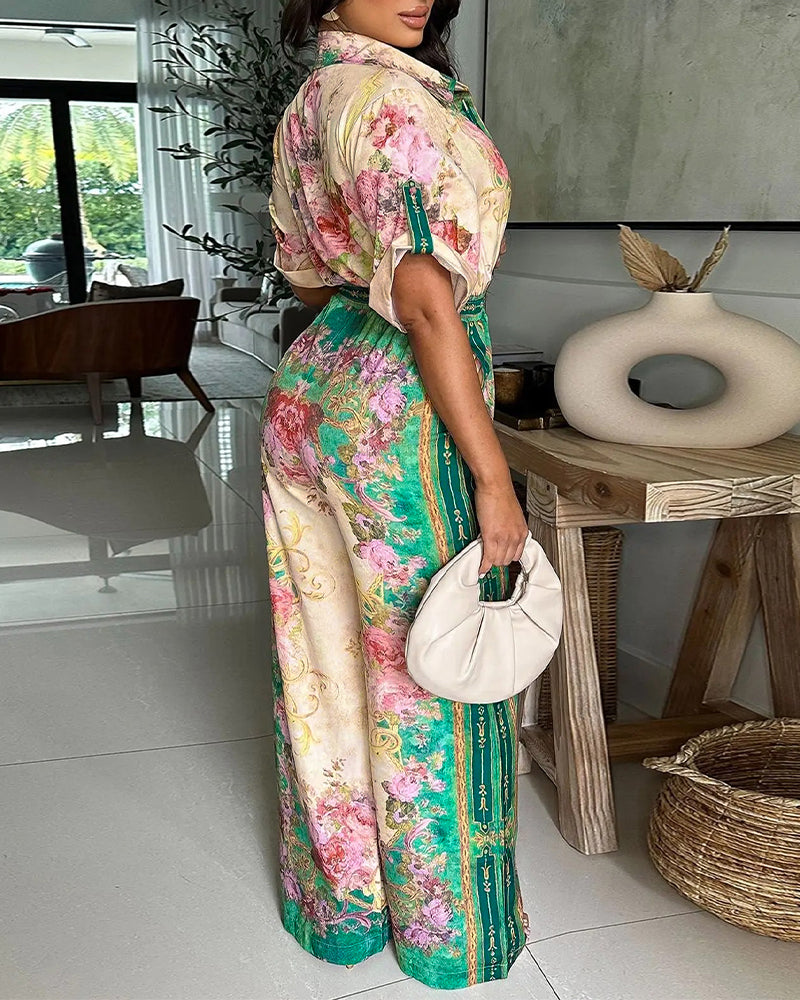 Vintage Floral Print Turn-down Collar Roll Up Sleeve Button Front Overalls Casual Drawstring Stretchy Waist Wide Leg Vacation Jumpsuit - Image 2