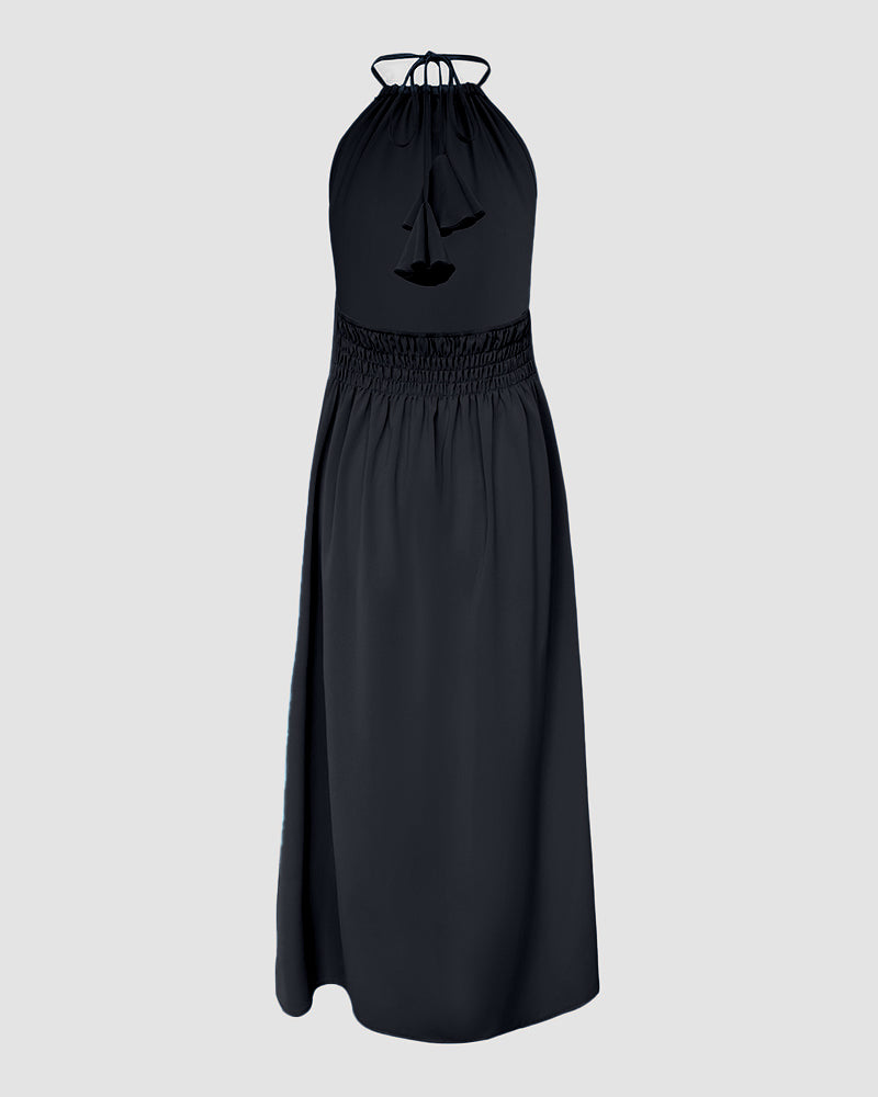 Halter Sleeveless Backless Maxi Dress Casual Shirred Back Side Slit Vacation Dress - Image 13
