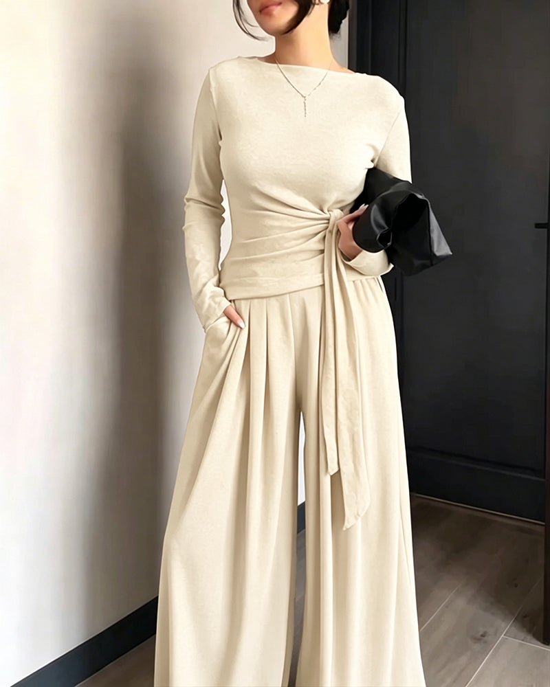 Women's 2 Piece Knit Lounge Set Long Sleeve Tie Waist Top and High Waisted Wide Leg Pants Casual Soft Sweatsuit with Pockets - Image 25