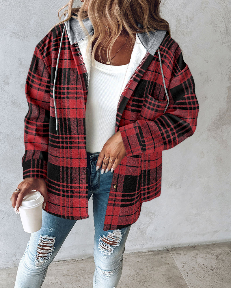 Plaid Print Button Front Pocket Design Drawstring Hoodie Jacket Casual Asymmetrical Hem Thermal Lined Warm Coat - Image 3