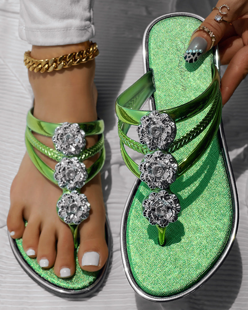 Rhinestone Floral Pattern Hollow Out Flip Flops Slippers - Image 21