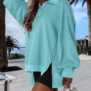 Polo Collar Long Sleeve Sweatshirt Loose Fit Side Slit Dip Hem Casual Top