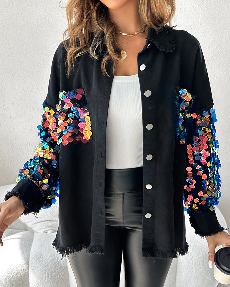 Contrast Sequin Long Sleeve Jacket Top Button Front Raw Hem Loose Fit Shacket - Image 26