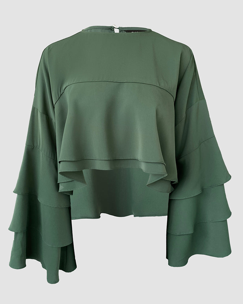 Round Neck Bell Sleeve Crop Top Casual Loose Fit Layered Blouse - Image 10