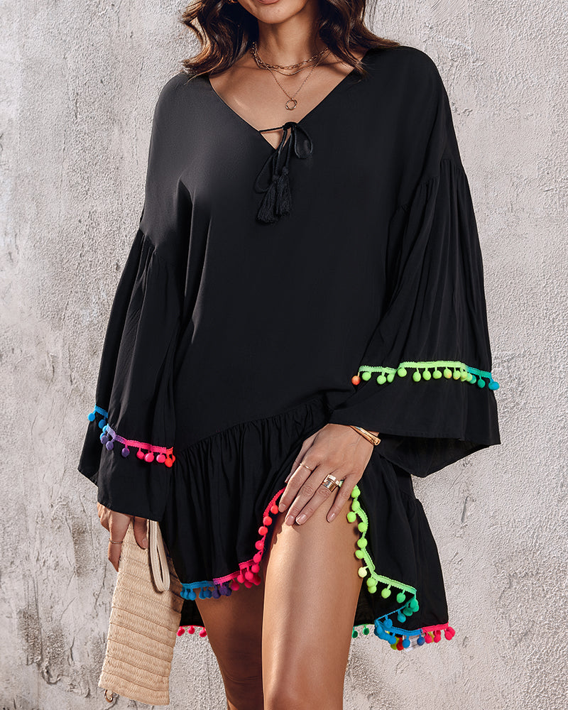 Colorblock V-Neck Bell Sleeve A Line Tassel Mini Dress Vacation Dress - Image 9