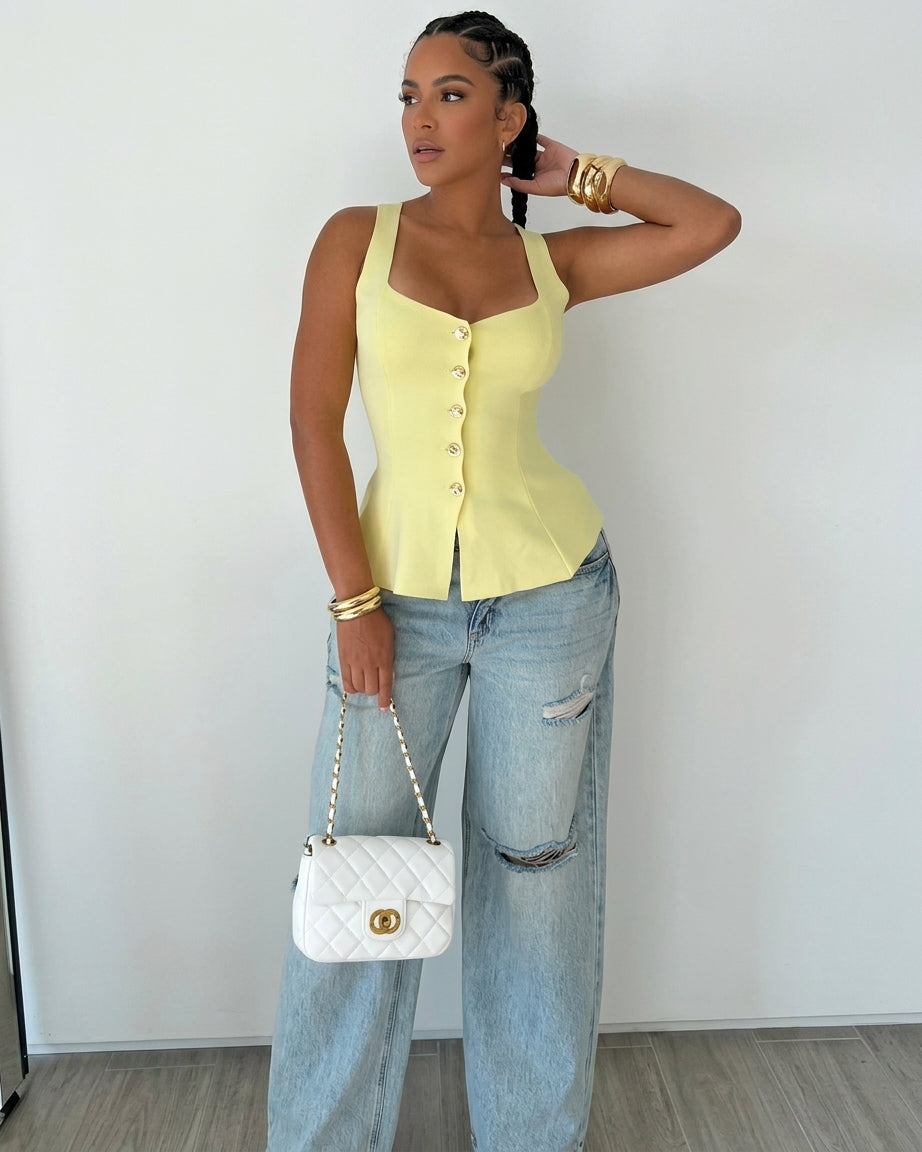 Women's Square Neck Knit Tank Top Gold Button Cinch Waist Peplum Vest - Image 3