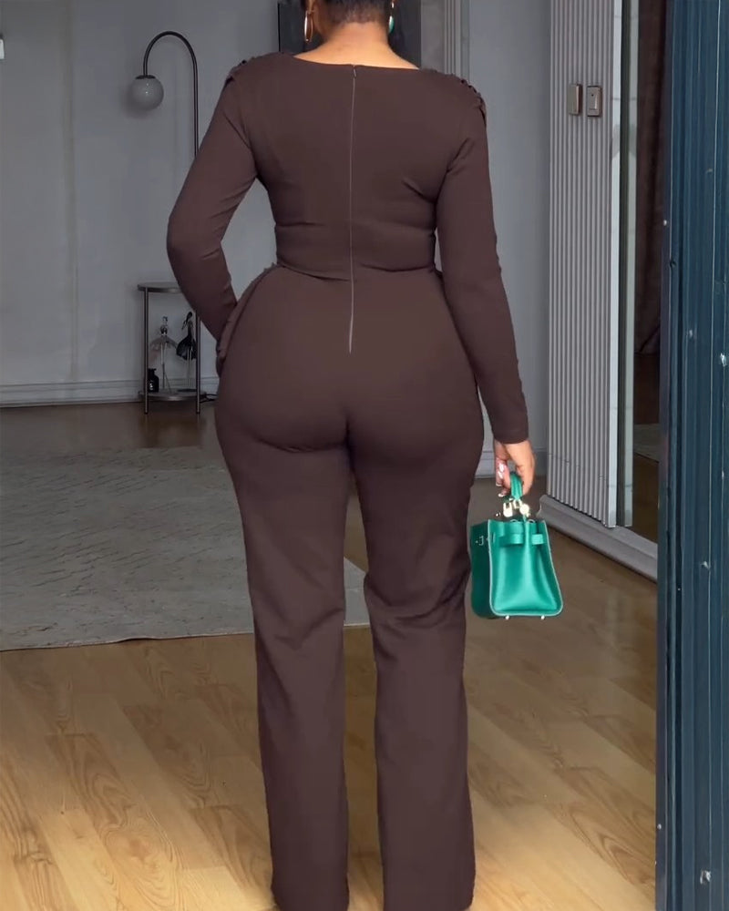 Cowl Neck Asymmetrical Textured Patchwork Cinched Waist Jumpsuit Casual Zipper Back Wide Leg Jumpsuit - Image 2