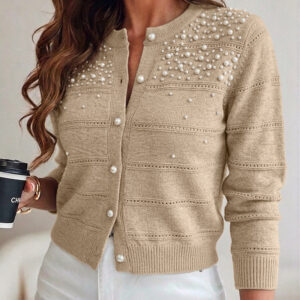 Women's Pearl Beaded Knit Cardigan Elegant Hollow Out Crop Sweater Casual Button Down Coat