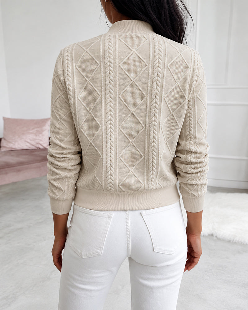 Women's Vintage Cable Knit Bomber Jacket Casual Argyle Zip Up Crop Coat with Pockets - Image 2