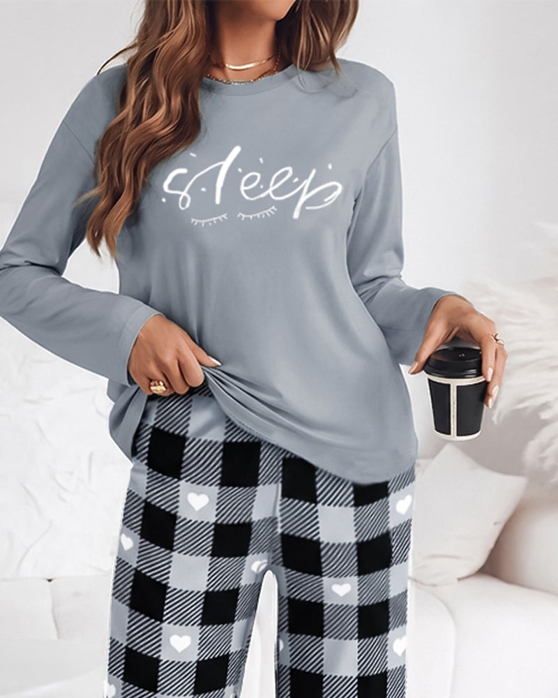 Women's 2 Piece Pajama Set Letter Print Long Sleeve Top and Plaid Heart Wide Leg Pants Casual Lounge Set - Image 4