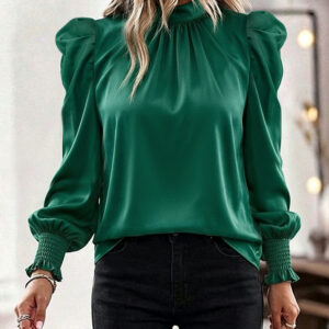 Women's Satin Blouse Mock Neck Puff Sleeve Shirt Back Tie Bow Elegant Ruched Shirt Shirred Frill Cuff Work Top